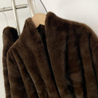 Close-up of wide plush shawl lapel on faux mink fur winter coat