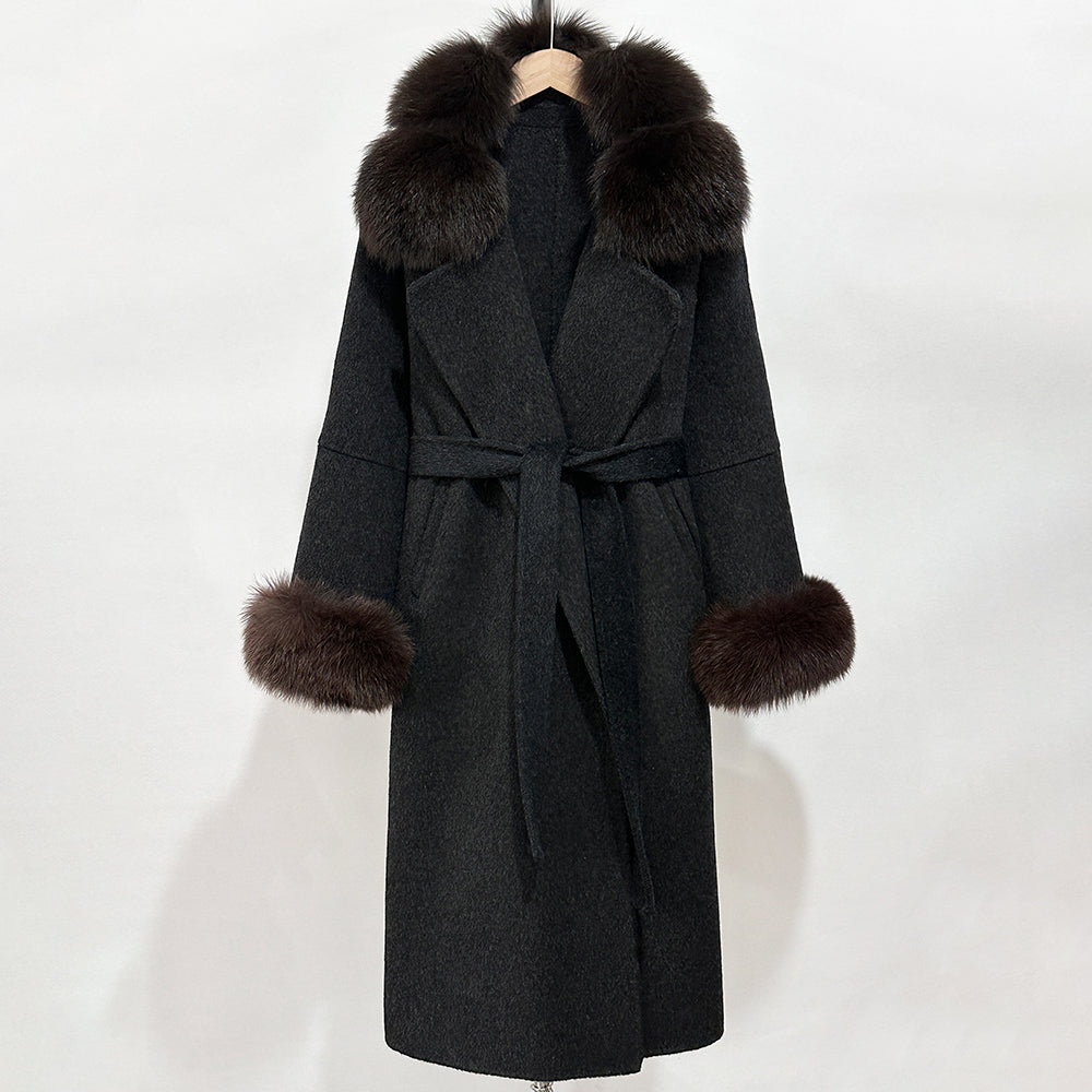 OFTBUY Belted Long Warm Winter Elegant Fashion Outerwear New Women's Double-Faced Wool Coat with Real Fox Fur Collar and Cuffs