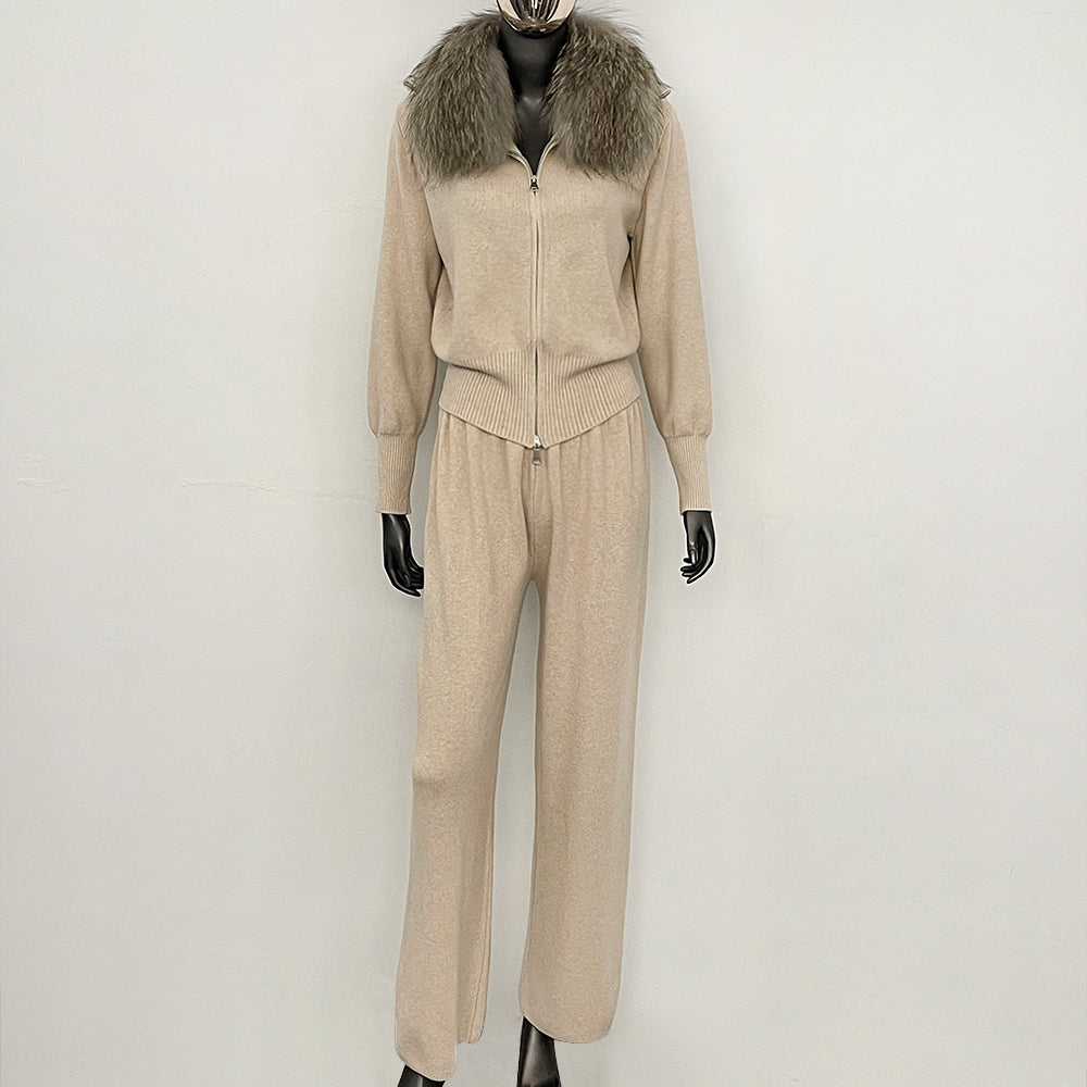 OFTBUY Winter New Women's Knitted Tracksuit Set with Fox Fur Collar Zipper Jacket Wide Leg Pants Luxury Casual Two-Piece Outfit