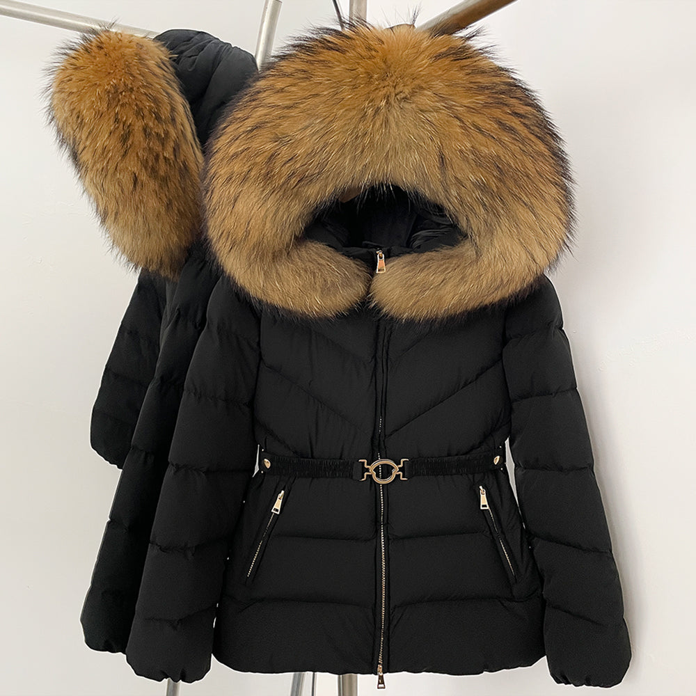 OFTBUY Belt Slim Hooded Real Fox Fur Collar Jacket Female New Winter Top Clothing Women Thickened Warm Raccoon Fur Fluffy Coat