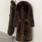 OFTBUY Luxury Long-Length Belted Faux Fur Coat - Premium Vegan Silver Fox Style Overcoat with Oversized Lapel