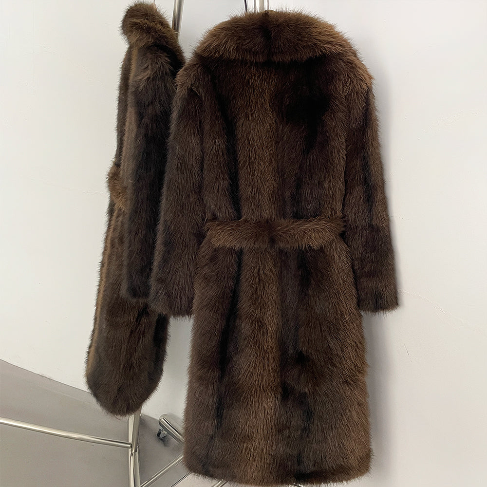 OFTBUY Luxury Long-Length Belted Faux Fur Coat - Premium Vegan Silver Fox Style Overcoat with Oversized Lapel