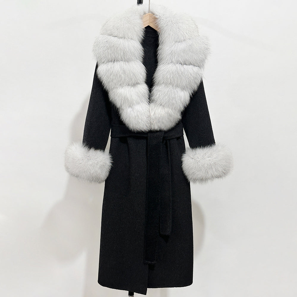 OFTBUY Fashion Warm Woolen Jacket with Real Fox Fur Collar and Cuffs New Autumn Winter Wool Clothing Women Long Belt Outerwear