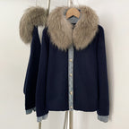OFTBUY Denim Trim Warm Autumn Winter Fashion Outerwear Sweater Female New Women's Knit Cardigan with Large Real Fox Fur Collar