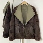 Reversible Full Real Rabbit Fur Short Bomber Jacket - Oversized Wide Rabbit Fur Lapel Windproof Outer Shell Winter Coat