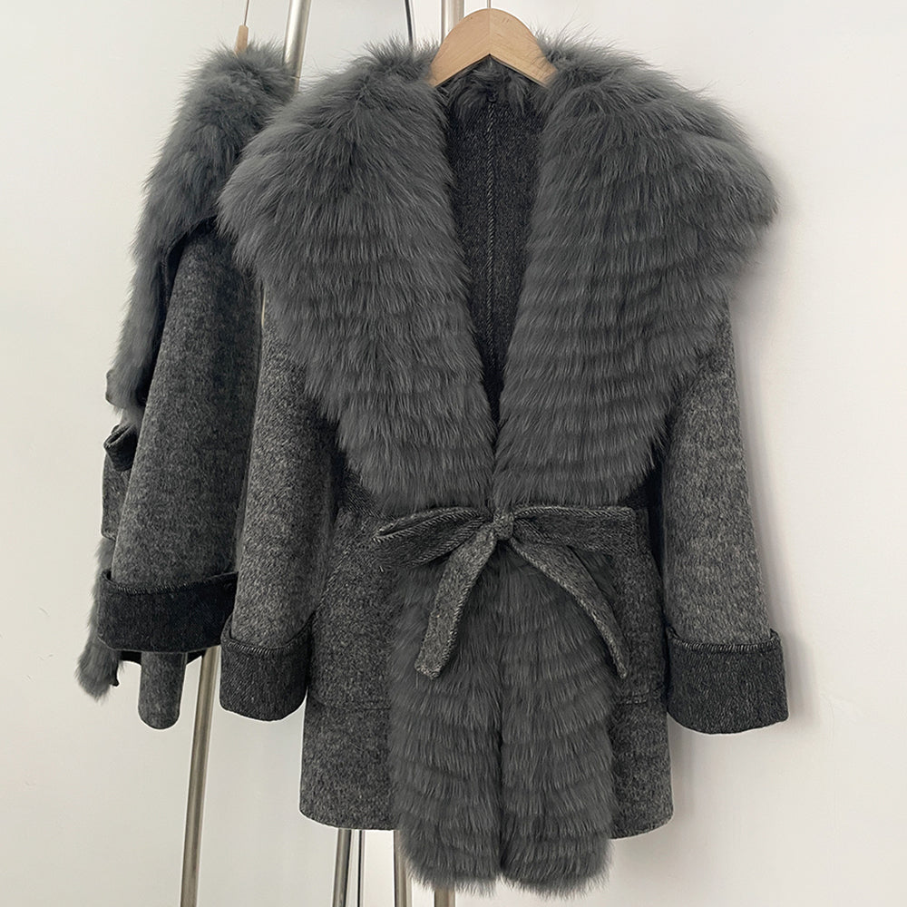 OFTBUY New Autumn Winter Belt Top Clothes Mid-length Real Fox Fur Woolen Coat Female Fashion Warm Natural Fur Wool Jacket Women