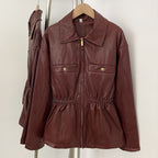OFTBUY New Women's Faux Leather Jacket Lapel Collar Zipper Elastic Waist Pockets Elegant Fashion Outerwear Vintage Coat Female