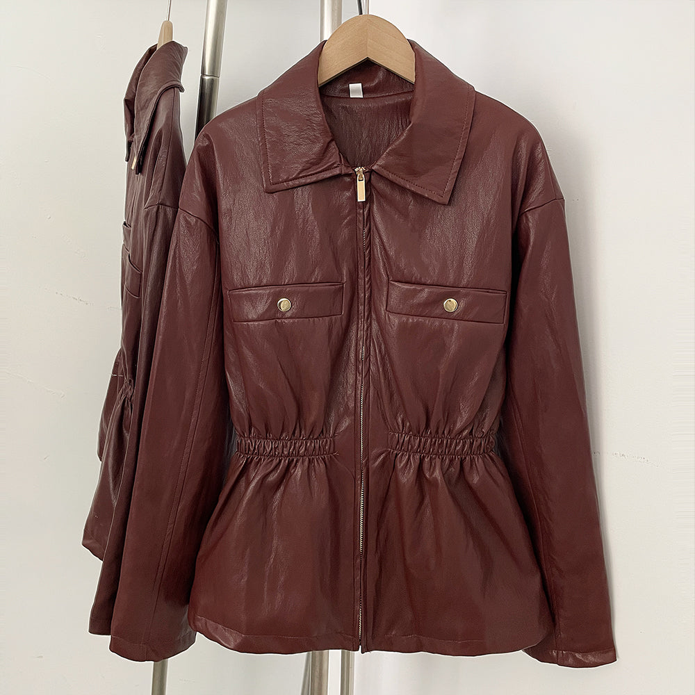 OFTBUY New Women's Faux Leather Jacket Lapel Collar Zipper Elastic Waist Pockets Elegant Fashion Outerwear Vintage Coat Female