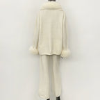 OFTBUY Loose Pants Warm Winter Elegant Casual Outfit Sweater Female New Women's Knit Two Piece Set with Real Fox Fur Collar
