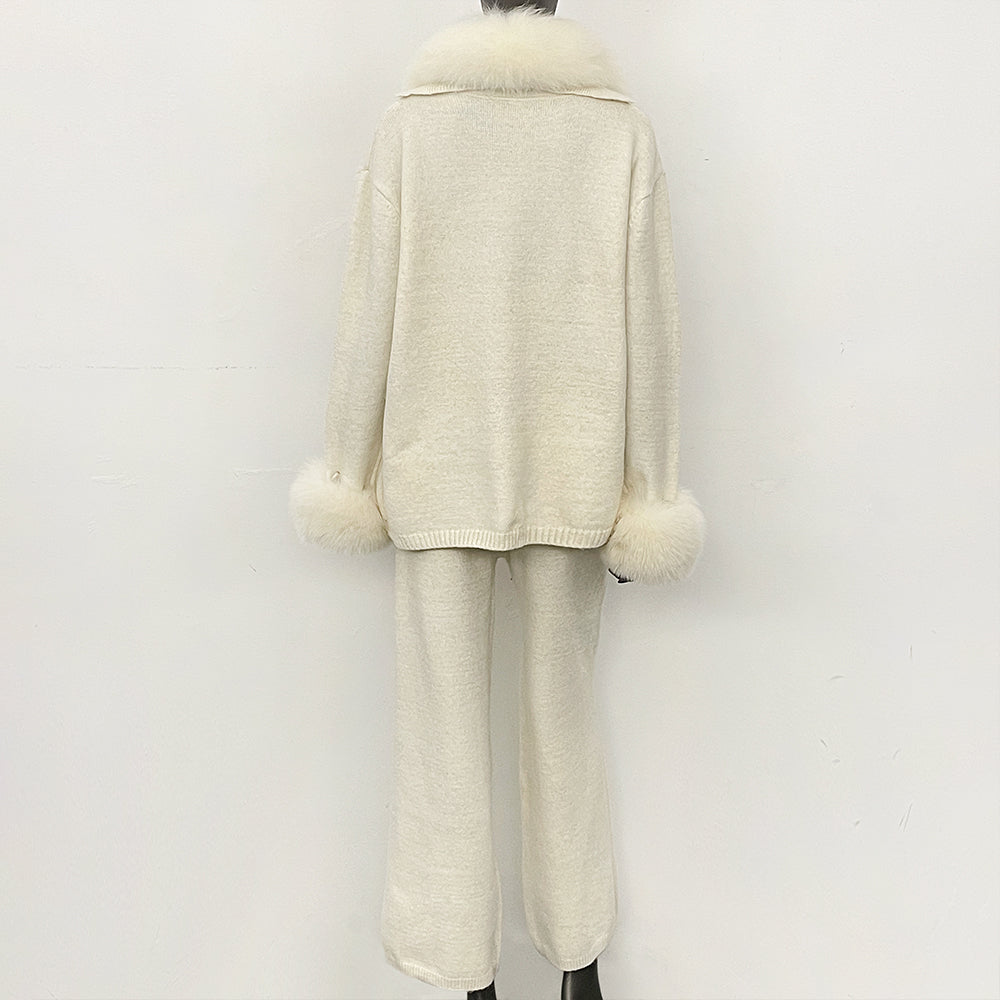 OFTBUY Loose Pants Warm Winter Elegant Casual Outfit Sweater Female New Women's Knit Two Piece Set with Real Fox Fur Collar