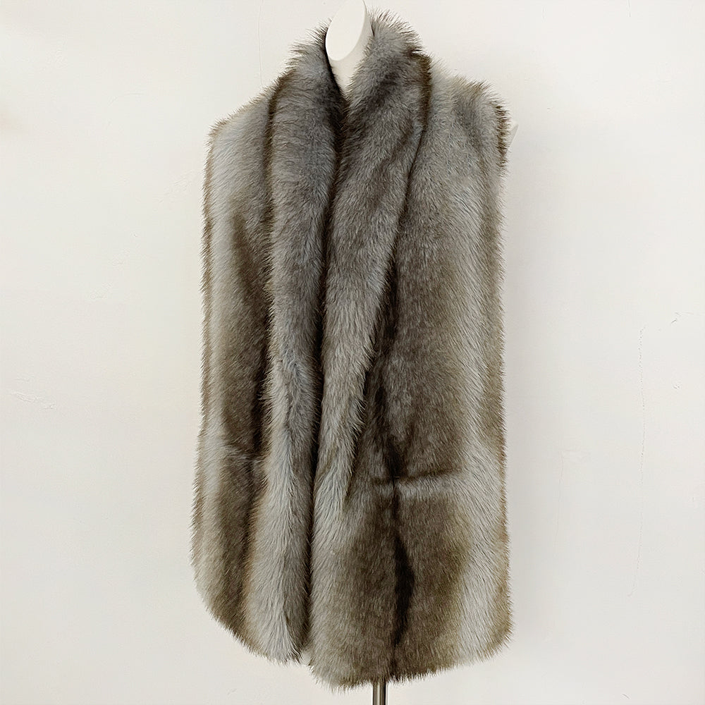 OFTBUY Luxury Long-Line Faux Fur Gilet - Premium Vegan Fox Fur Sleeveless Overcoat with Oversized Shawl Collar