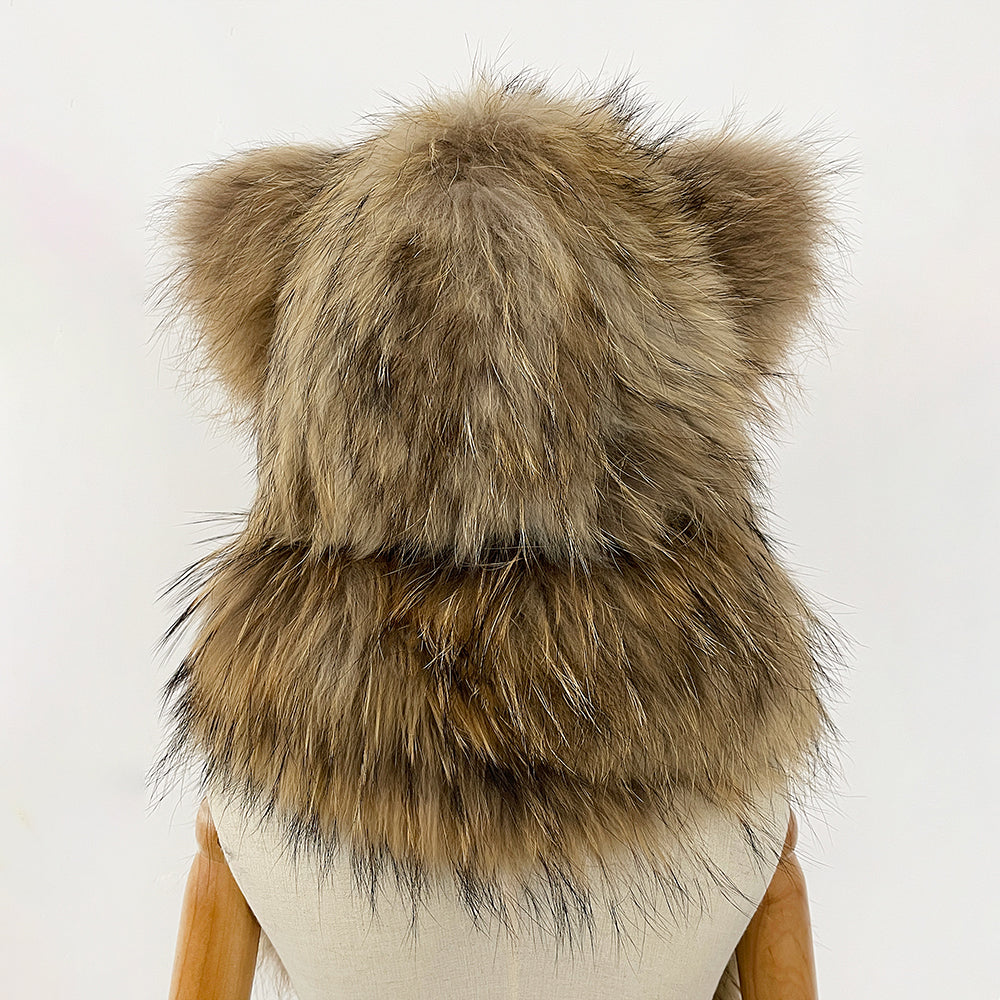 OFTBUY Thick Warm Cute Animal Natural Raccoon Fur Hat Scarf Women New Winter Windproof Cycling Caps Real Fur Muffler Female
