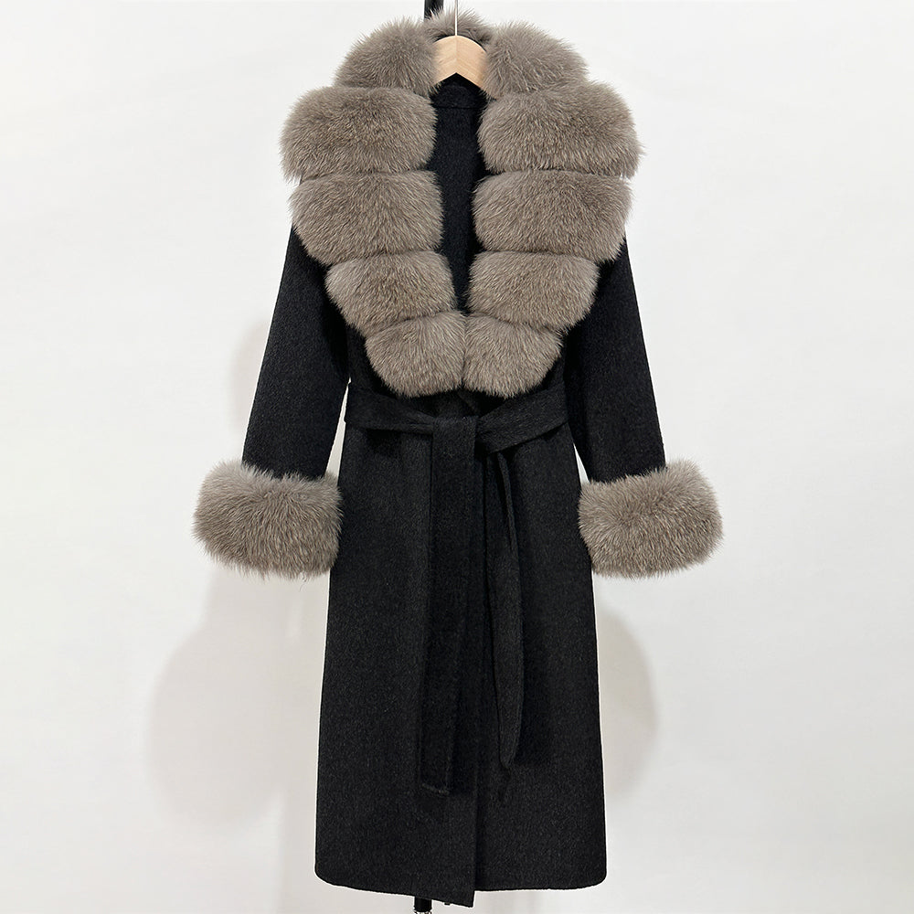 OFTBUY Fashion Warm Woolen Jacket with Real Fox Fur Collar and Cuffs New Autumn Winter Wool Clothing Women Long Belt Outerwear