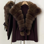 OFTBUY New Women's Knit Cardigan with Oversized Real Fox Fur Collar Belt Luxury Warm Winter Outerwear Sweater Jacket Female