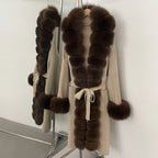 OFTBUY Trim Belted Warm Winter Coat Elegant Fashion Outerwear Female Long Sweater New Women's Knit Coat with Full Real Fox Fur
