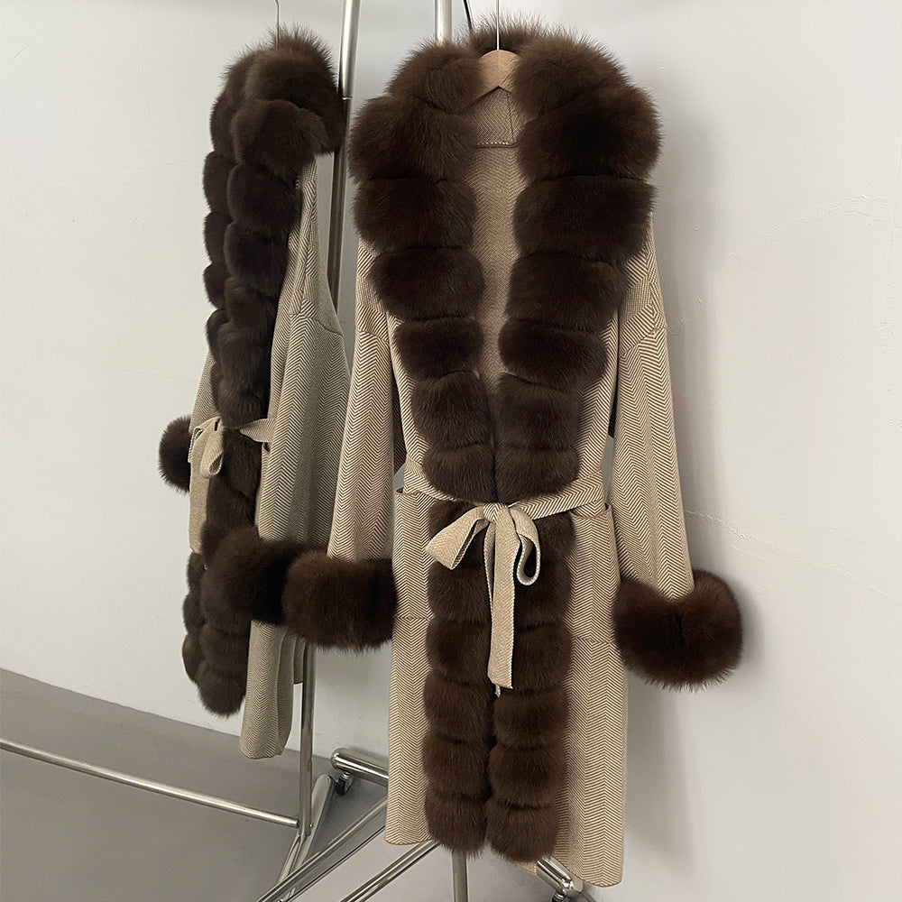 OFTBUY Trim Belted Warm Winter Coat Elegant Fashion Outerwear Female Long Sweater New Women's Knit Coat with Full Real Fox Fur