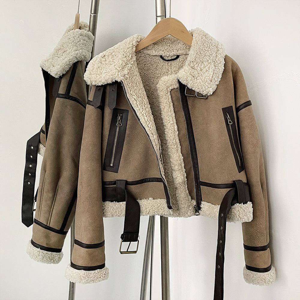 OFTBUY New Winter Clothing Woman's Fashion Thick Warm Faux Fur Shearling Jacket Coat Vintage Long Sleeve Belt Hem Jacket Female