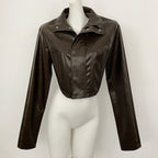OFTBUY New Women's Faux Leather Cropped Jacket Stand Collar Asymmetric Hem Closure Streetwear Fashion Outerwear Clothing Female