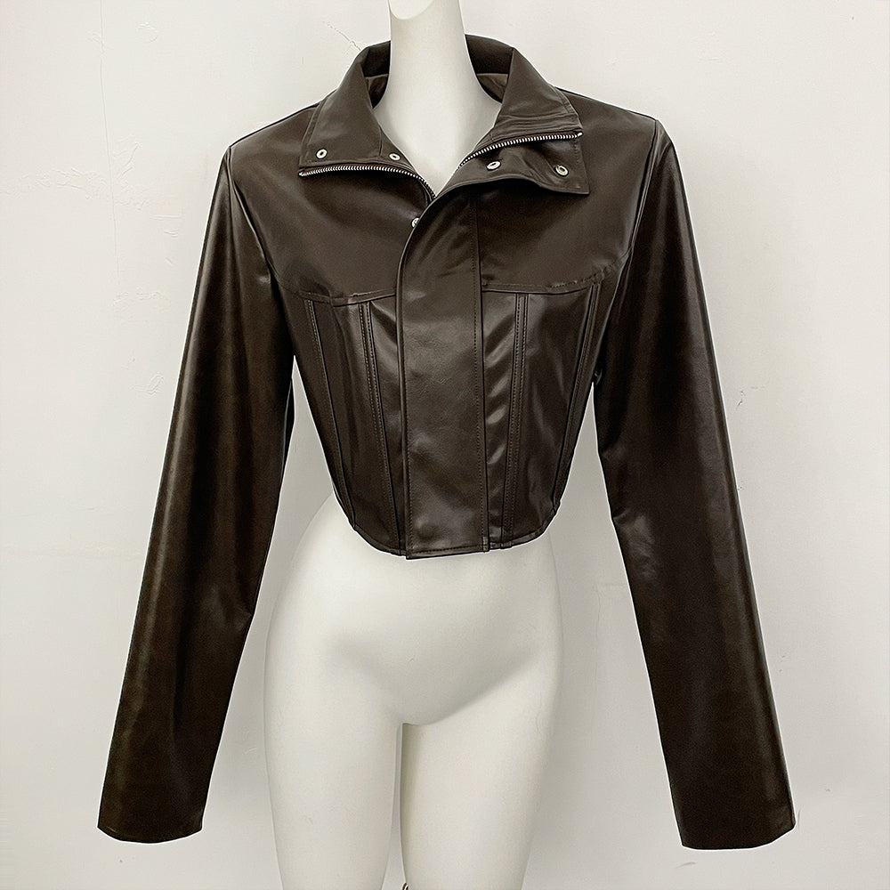 OFTBUY New Women's Faux Leather Cropped Jacket Stand Collar Asymmetric Hem Closure Streetwear Fashion Outerwear Clothing Female