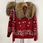 OFTBUY Women's Vintage Real Fox Fur Collar Knit Cardigan Paisley Print Zip Up Sweater Jacket Female Warm Winter Luxury Outerwear