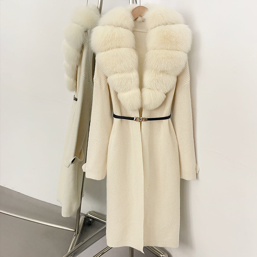 OFTBUY Warm Winter Elegant Fashion knit Outerwear female New Women's Knit Long Coat with Large Real Fox Fur Collar Belted Waist