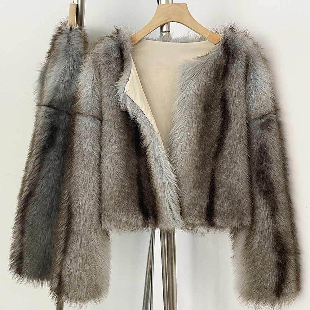 OFTBUY Luxury Collarless Faux Fur Jacket - Chic Short Fluffy Vegan Fur Coat for Women