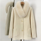 OFTBUY New Women's Wool Coat with Large Real Fox Fur Collar Loose Fit Back Detail Pockets Warm Winter Elegant Fashion Outerwear