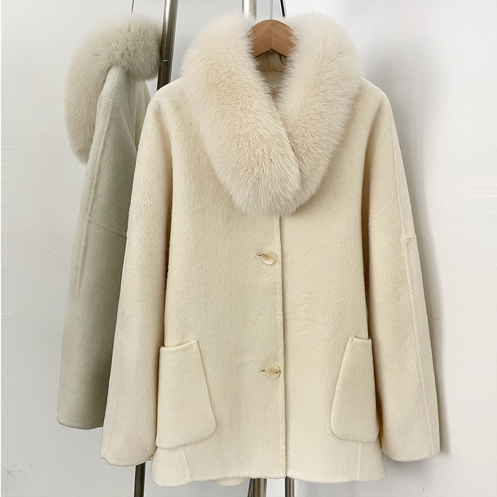 OFTBUY New Women's Wool Coat with Large Real Fox Fur Collar Loose Fit Back Detail Pockets Warm Winter Elegant Fashion Outerwear