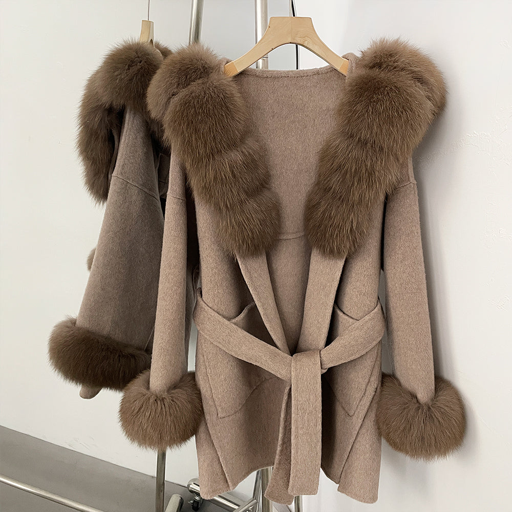 OFTBUY Real Fox Fur Wool Coat Hooded Natural Fur Collar and Cuffs New Autumn Winter Clothes Women Cashmere Woolen Jacket Lady