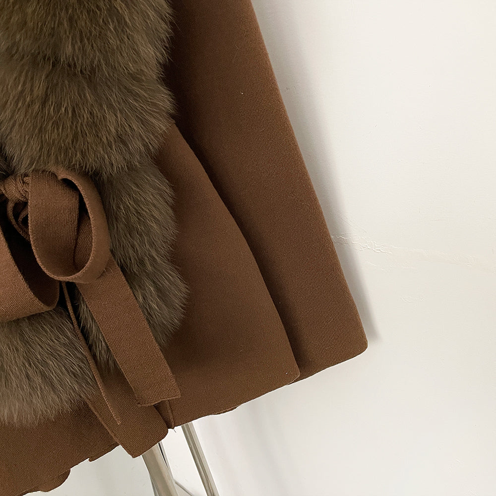 OFTBUY New Women's Knit Cardigan with Oversized Real Fox Fur Collar Belt Luxury Warm Winter Outerwear Sweater Jacket Female