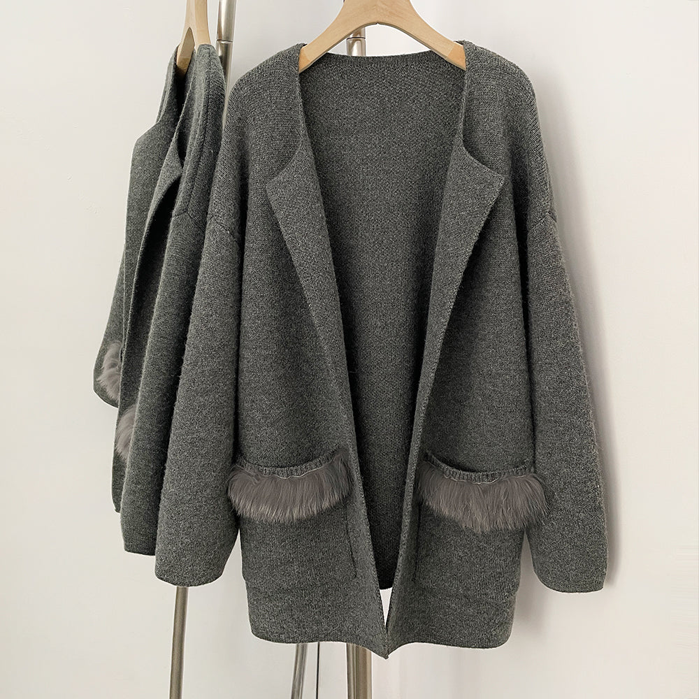 OFTBUY Elegant Cardigan Sweater New Women's Knit Coat with Real Fox Fur Loose Fit Pockets Warm Winter Fashion Cardigan Female