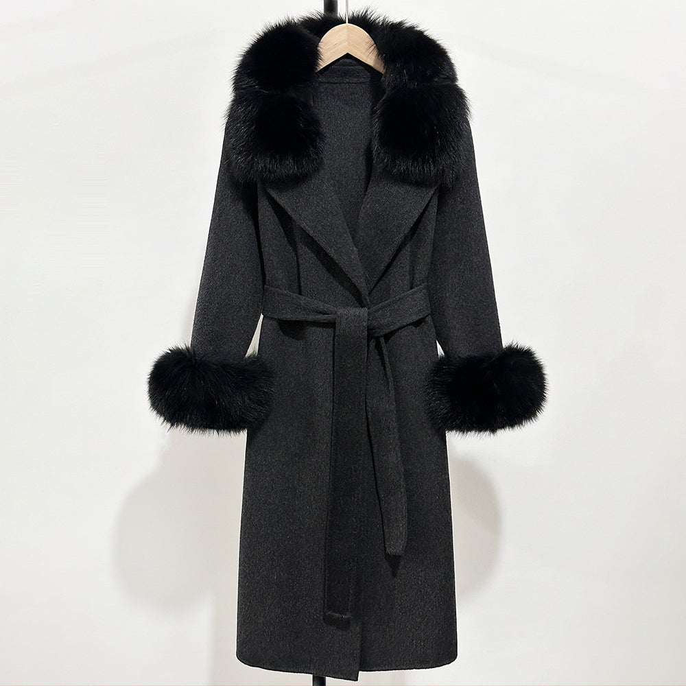 OFTBUY Belted Warm Winter Elegant Fashion Outerwear New Women's Double-Faced Wool Coat with Real Fox Fur Collar and Cuffs