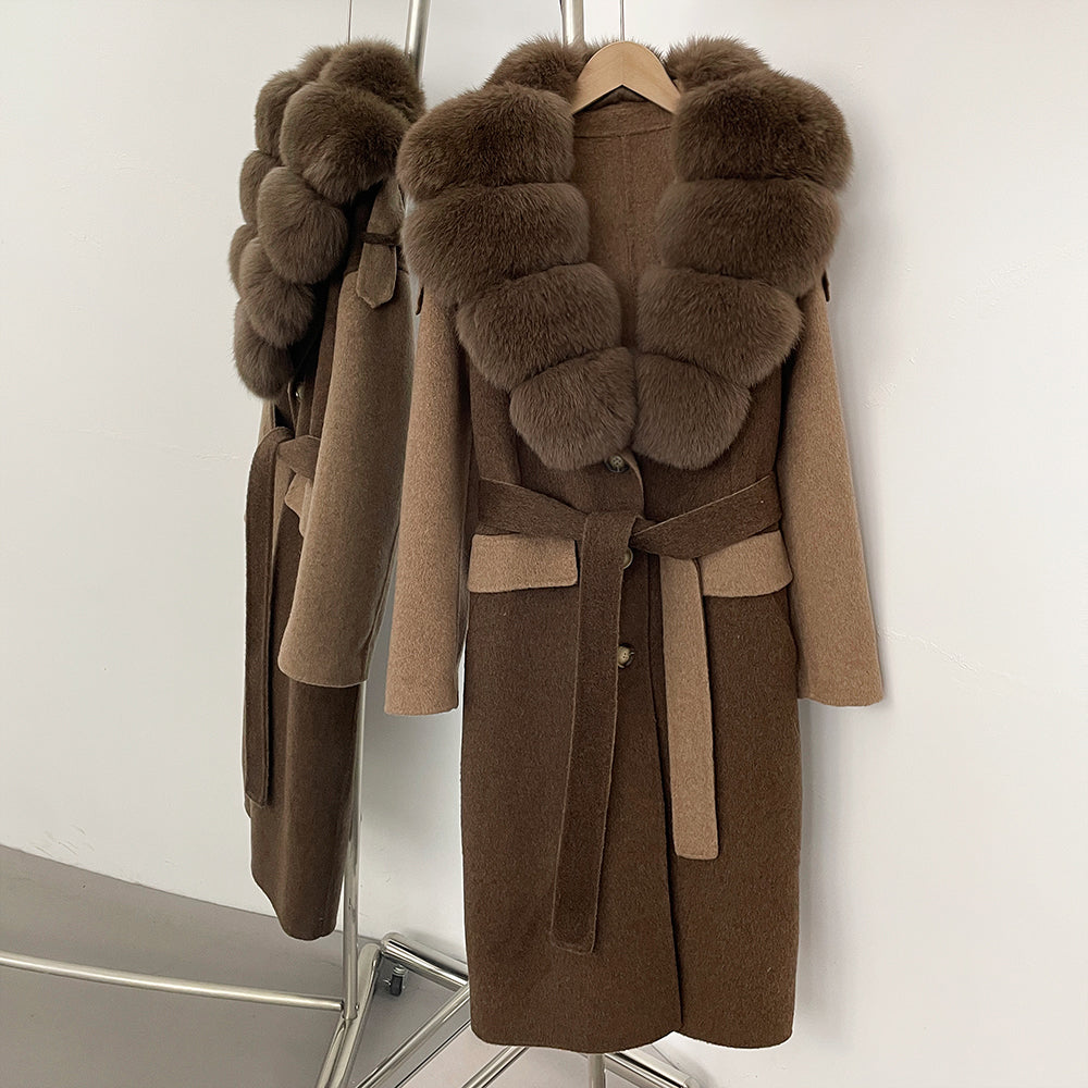 OFTBUY New Fashion Fur Cuff Winter Clothes Women Real Fox Fur Collar Woolen Coat Female Warm Double-faced Cashmere Wool Jacket