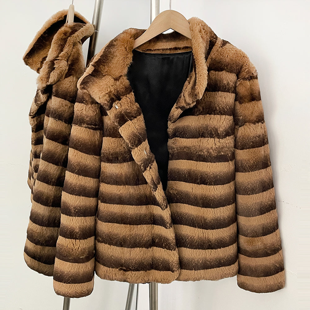 Open front view showing smooth black lining of striped rabbit fur short coat