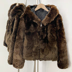 OFTBUY V-Neck Open Front Fur Jacket Female New Autumn Winter Outerwear Women's Brown Patchwork Real Rex Rabbit Fur Short Coat