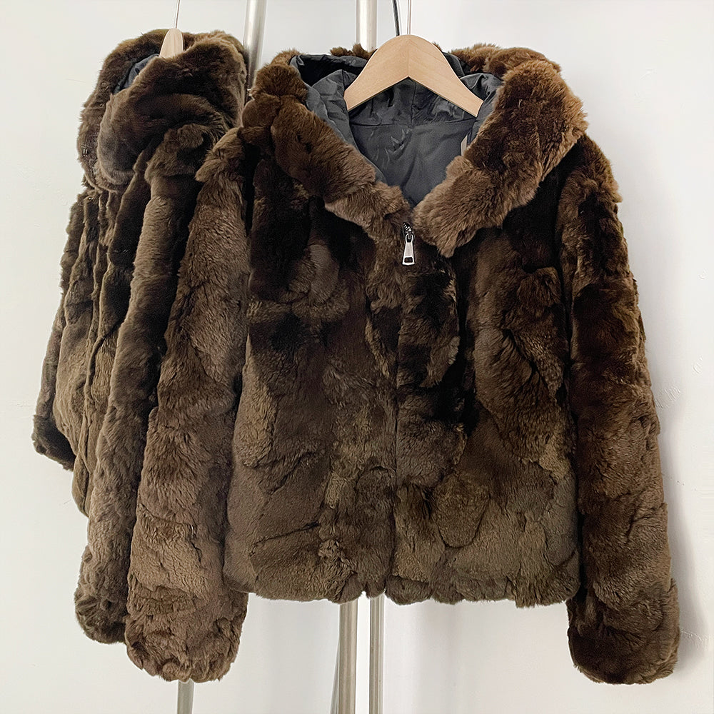 OFTBUY V-Neck Open Front Fur Jacket Female New Autumn Winter Outerwear Women's Brown Patchwork Real Rex Rabbit Fur Short Coat