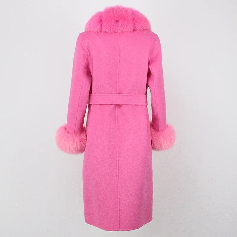 OFTBUY Winter Jacket Women Long Natural Wool Blends Cashmere Real Fur Coat Double Breasted Belt Warm Streetwear New Fashion