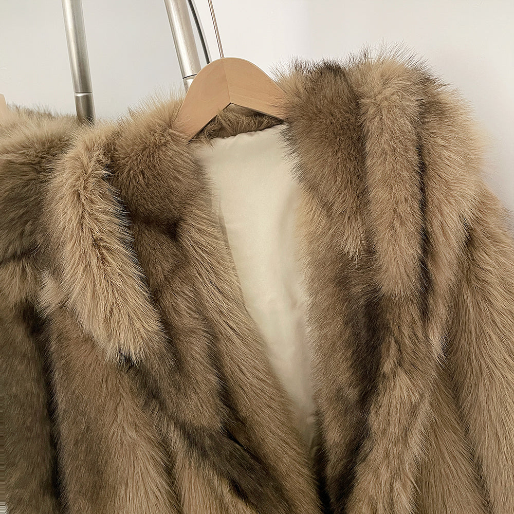 OFTBUY Luxury Hooded Faux Fur Jacket - Premium Vegan Silver Fox Style Cropped Winter Coat