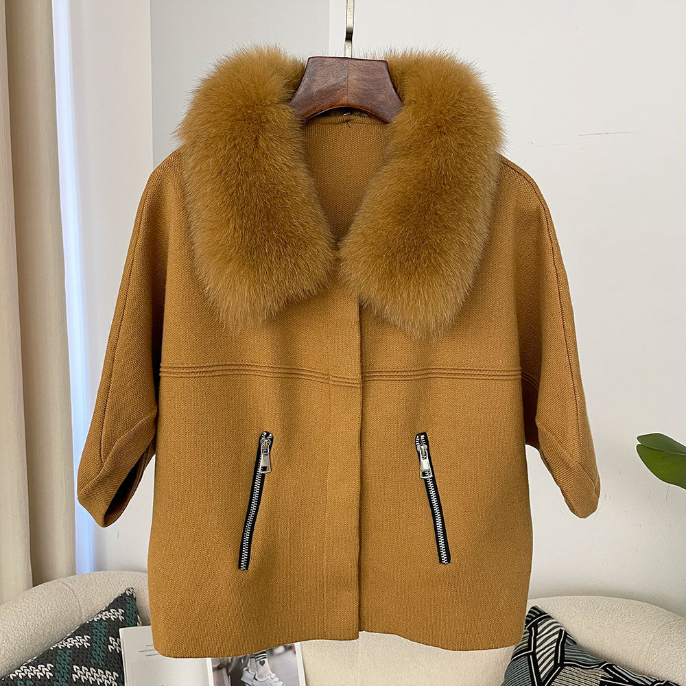 OFTBUY Autumn Winter Real Fox Raccoon Fur Collar Coat Knitted Sweater Women Short Sleeve Jacket Thick Warm Outerwear Streetwear