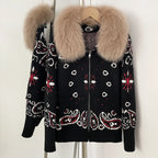 OFTBUY Women's Vintage Real Fox Fur Collar Knit Cardigan Paisley Print Zip Up Sweater Jacket Female Warm Winter Luxury Outerwear