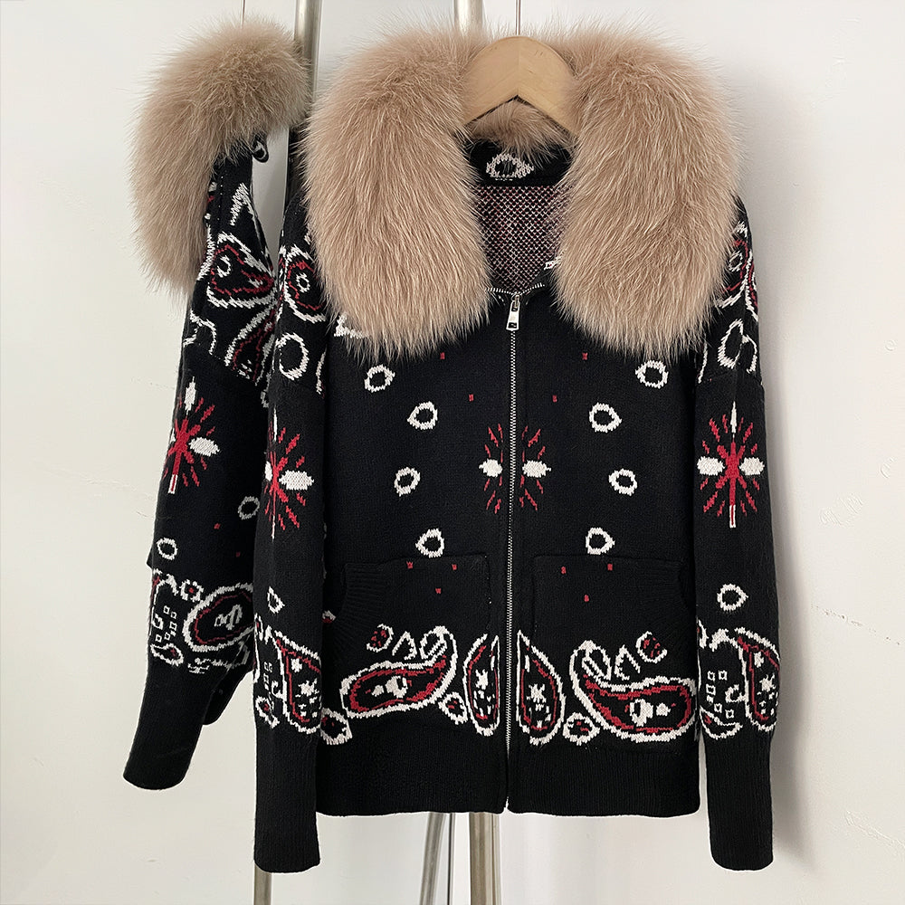 OFTBUY Women's Vintage Real Fox Fur Collar Knit Cardigan Paisley Print Zip Up Sweater Jacket Female Warm Winter Luxury Outerwear
