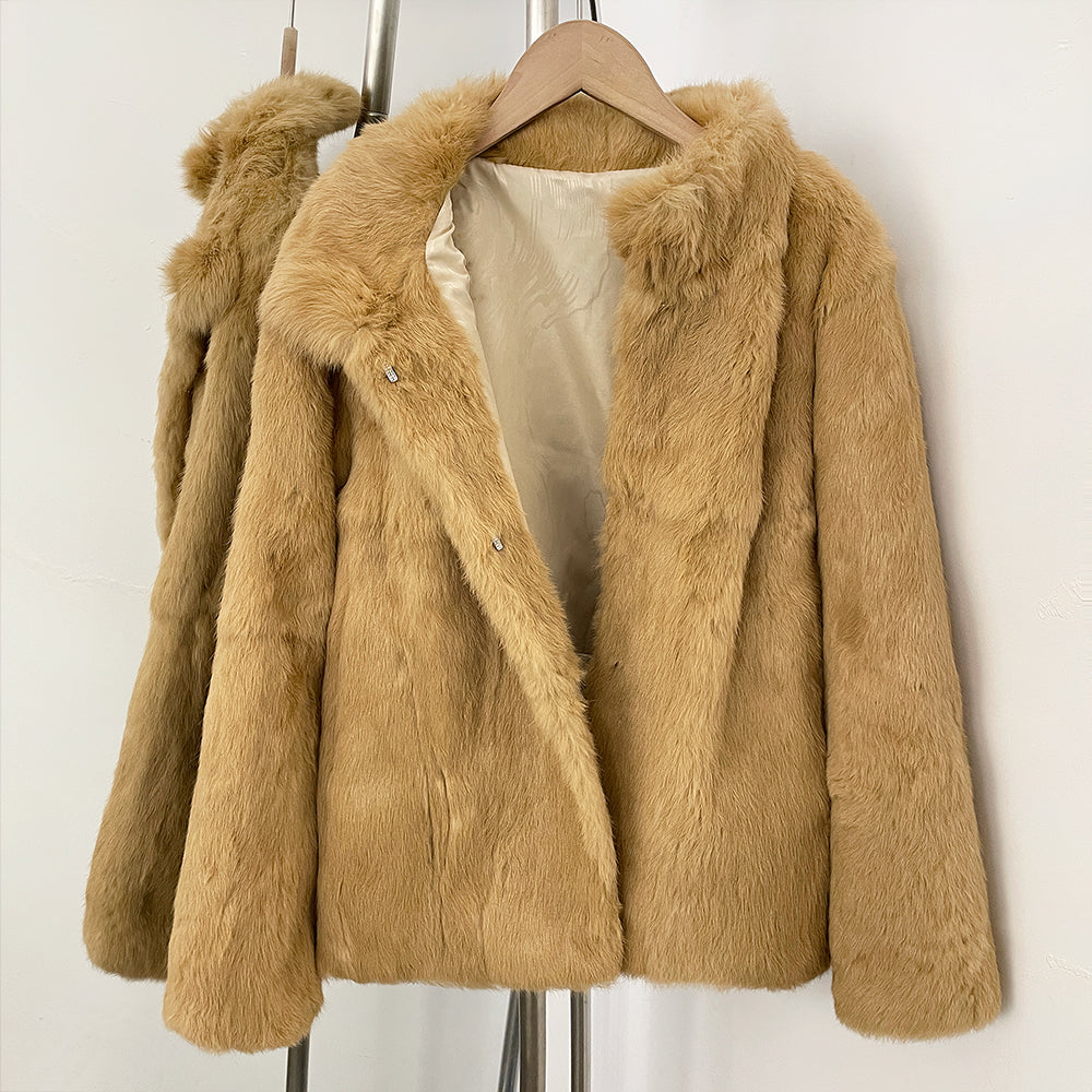 OFTBUY Women's Real Rabbit Fur Coat Luxury Camel Fur Jacket with Stand Collar New Warm Autumn Winter Clothes Female Outerwear