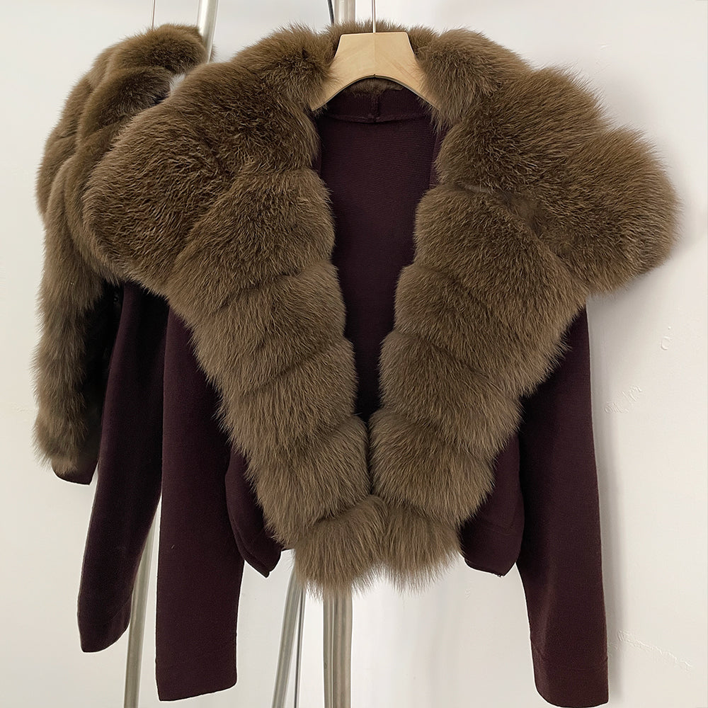 OFTBUY Women's Short Cardigan with Big Real Fox Fur Collar New Autumn Winter Knit Clothing Female Natural Fur Warm Sweater Lady