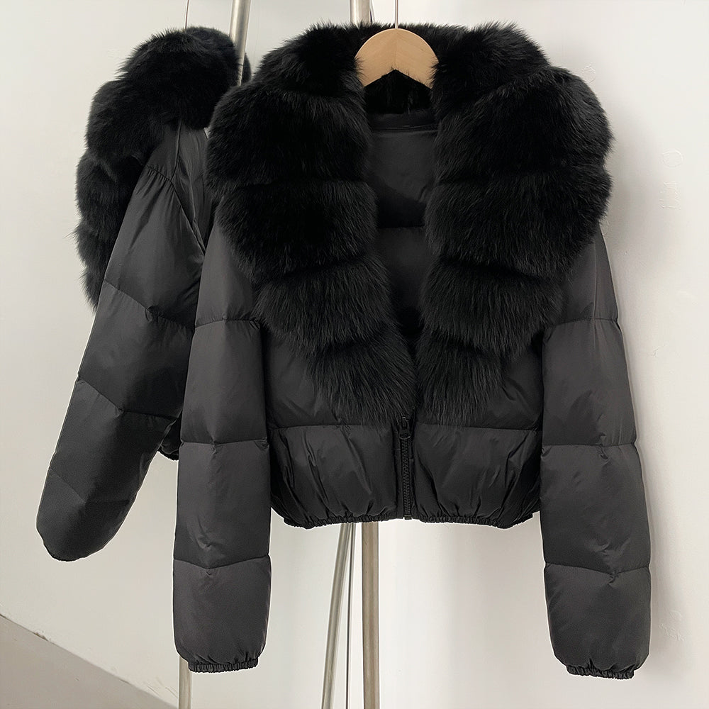 OFTBUY New Puffer Jacket Women with Large Natural Fox Fur Collar Short Fluffy Thick Parkas Female 90% White Duck Down Coat Lady