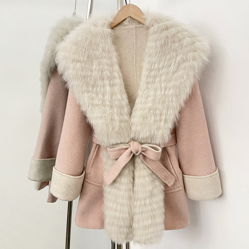 OFTBUY New Autumn Winter Belt Top Clothes Mid-length Real Fox Fur Woolen Coat Female Fashion Warm Natural Fur Wool Jacket Women