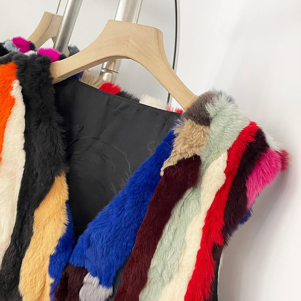 OFTBUY New Autumn Winter Luxury Outerwear Women's Multicolor Real Rex Rabbit Fur Vest Patchwork V-Neck Natural Fur Waistcoat