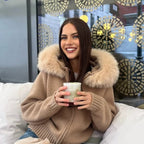 OFTBUY Luxury Knitted Zip-Up Hoodie with Oversized Real Fox Fur Hood - Premium Apres-Ski Luxe Loungewear