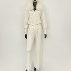OFTBUY Winter New Women's Knitted Tracksuit Set with Fox Fur Collar Zipper Jacket Wide Leg Pants Luxury Casual Two-Piece Outfit
