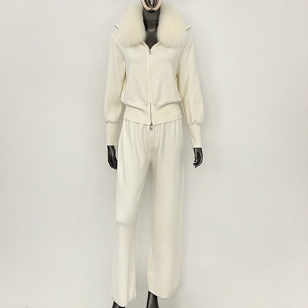 OFTBUY Winter New Women's Knitted Tracksuit Set with Fox Fur Collar Zipper Jacket Wide Leg Pants Luxury Casual Two-Piece Outfit