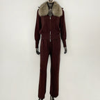 OFTBUY Winter New Women's Knitted Tracksuit Set with Fox Fur Collar Zipper Jacket Wide Leg Pants Luxury Casual Two-Piece Outfit